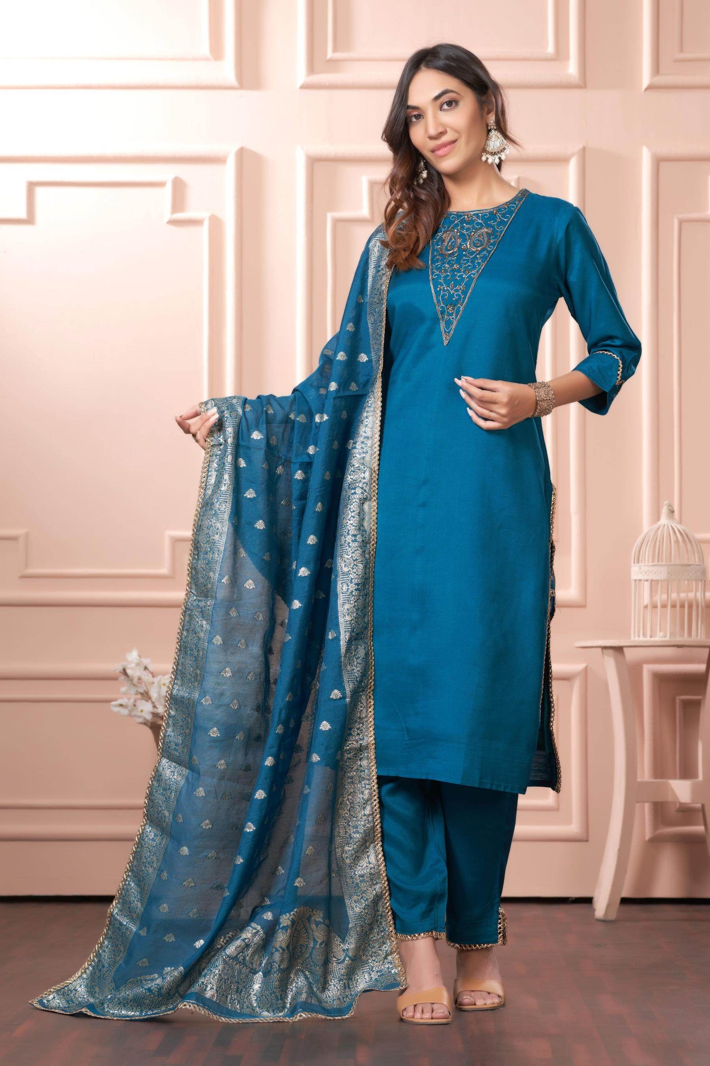 Adab Muslin Teal & Green Kurta Set with Dupatta | Ethnic Wear for Women