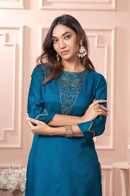 Adab Muslin Teal & Green Kurta Set with Dupatta | Ethnic Wear for Women