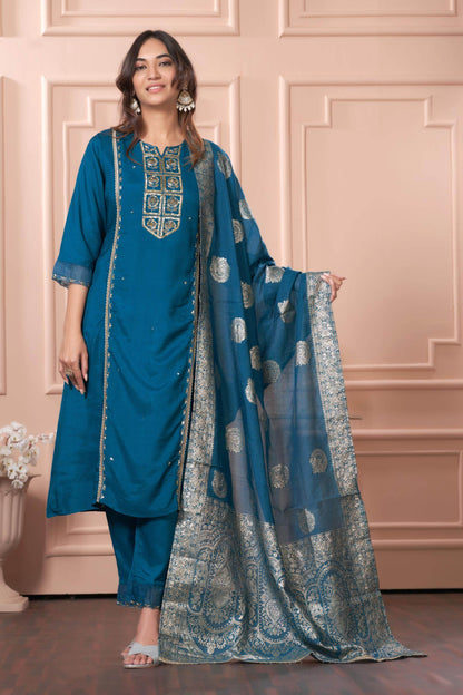 Women's Nafisa Viscose Teal Green Kurta Set with Dupatta - Elegant Ethnic Wear for Festive & Casual Occasions