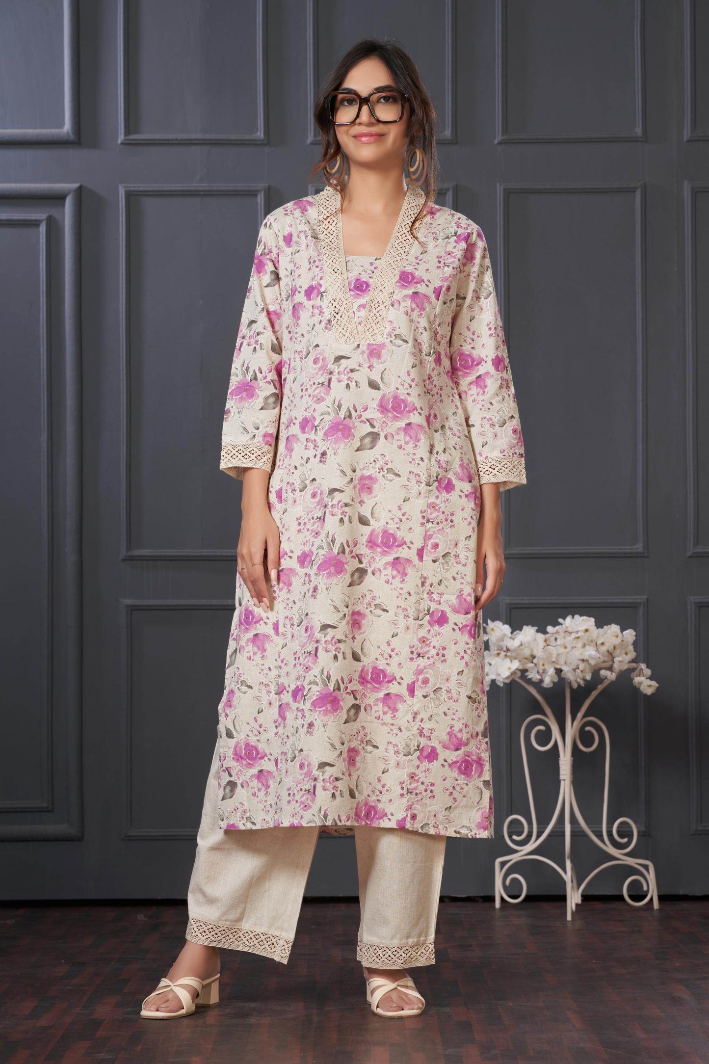 BulBul Hazel Purple & Pink Floral Printed Cotton Kurta Set – Lightweight, Breathable Ethnic Wear for Women