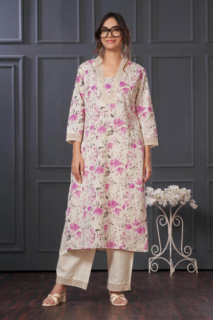 BulBul Hazel Purple & Pink Floral Printed Cotton Kurta Set – Lightweight, Breathable Ethnic Wear for Women