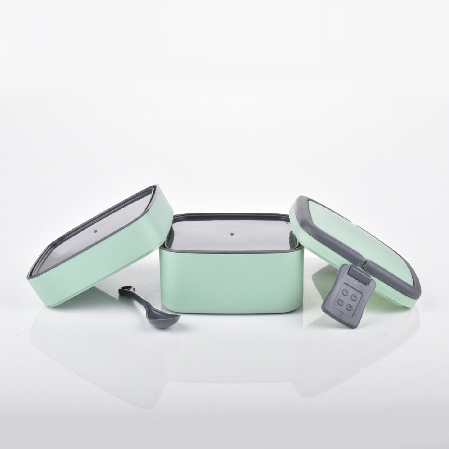 Green Double-Layer Stackable Lunch Box with Carry Handle & Included Spoon