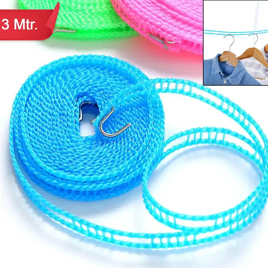8861 3 Meters Windprood Anti-slip Clothes Washing Line Drying Nylon Rope With Hooks Durable Camping Clothesline Portable Clothes Drying Line Indoor Outdoor Laundry Storage For Travel Home Use (3 Mtr.) - warehousetech13