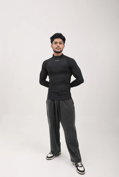 LONG SLEEVE HIGH - SPANDEX COMPRESSION TOP BLACK & GREY