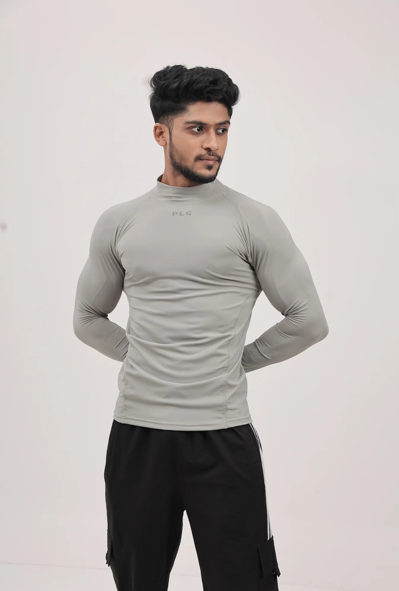 LONG SLEEVE HIGH - SPANDEX COMPRESSION TOP BLACK & GREY