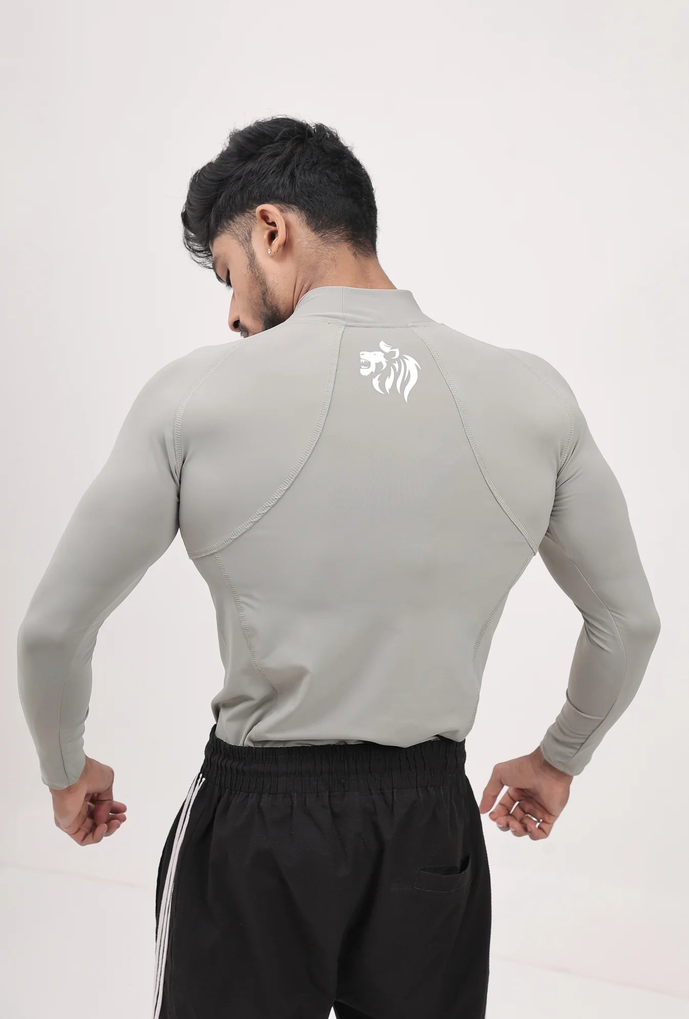 LONG SLEEVE HIGH - SPANDEX COMPRESSION TOP BLACK & GREY