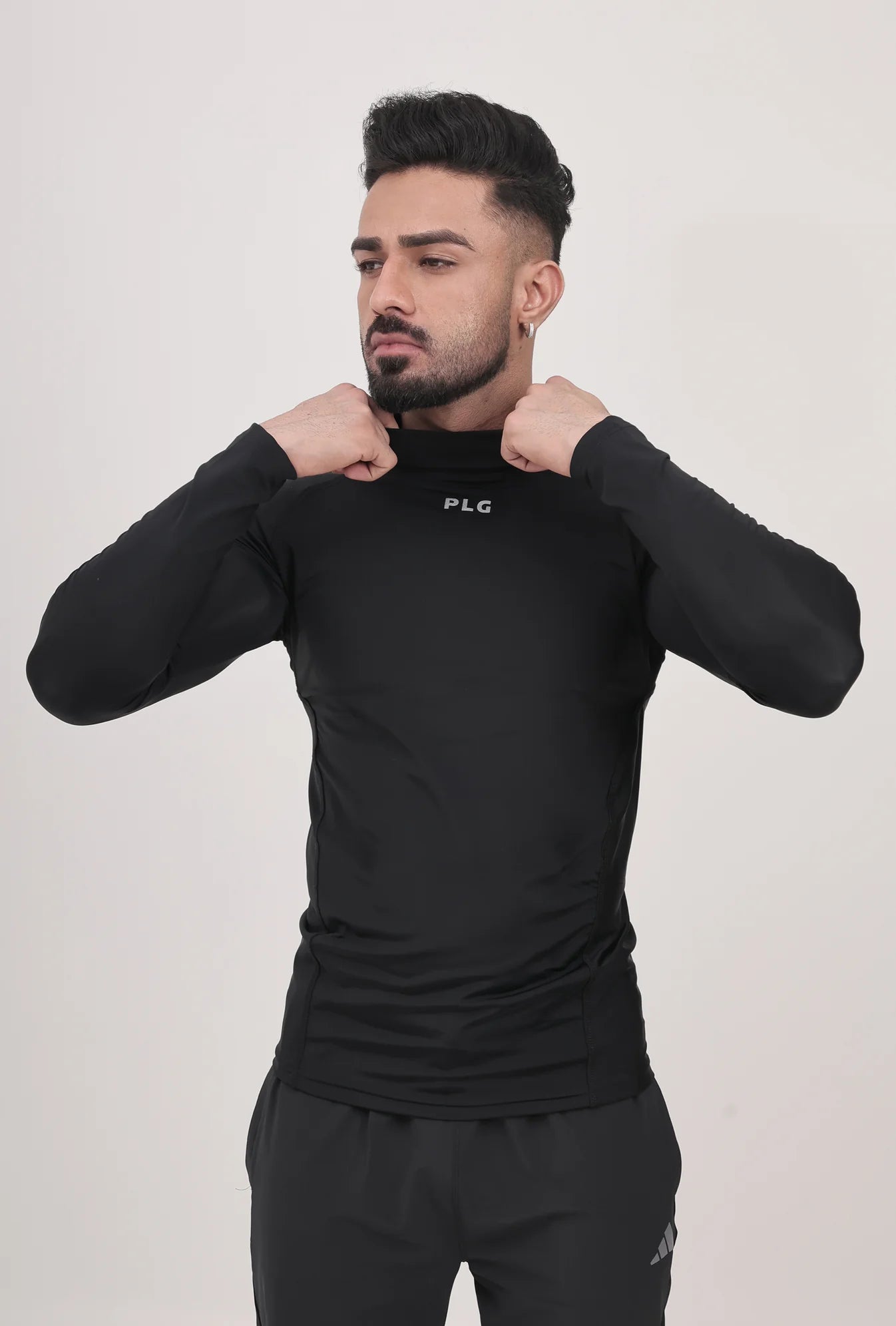 LONG SLEEVE HIGH - SPANDEX COMPRESSION TOP BLACK & GREY