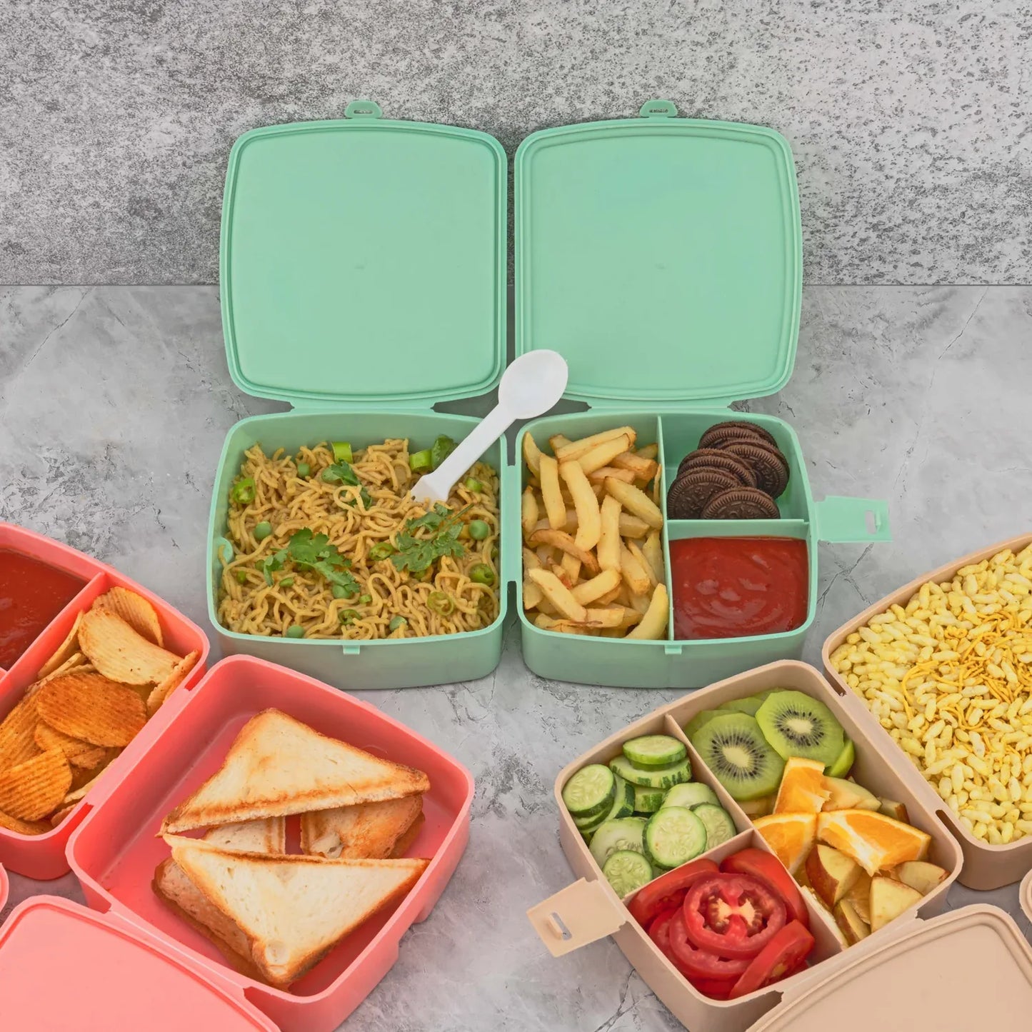 5787 Double-layer Square Lunch Box With Spoon 4 Compartment Tiffin Push Lock Plastic Tiffin Box For Travelling School Kids Office Exclusive Home - warehousetech13