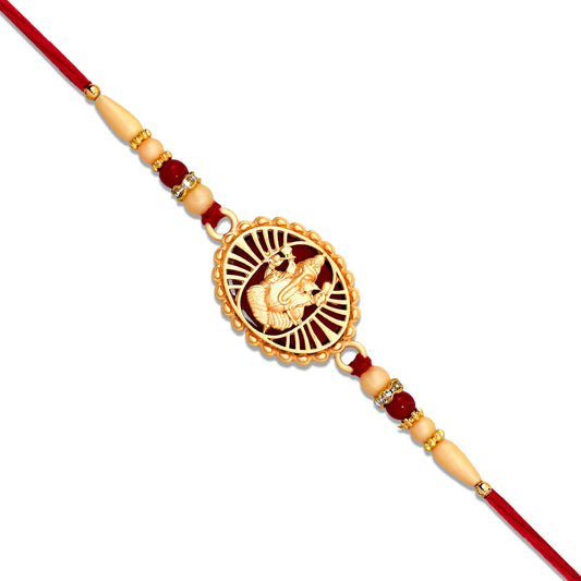 Traditional Ganesha Rakhi With Golden Finish And Sacred Red Thread - warehousetech13