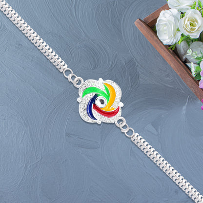 Stylish Silver Rakhi With Colorful Feather Detailing And Metal Chain - warehousetech13