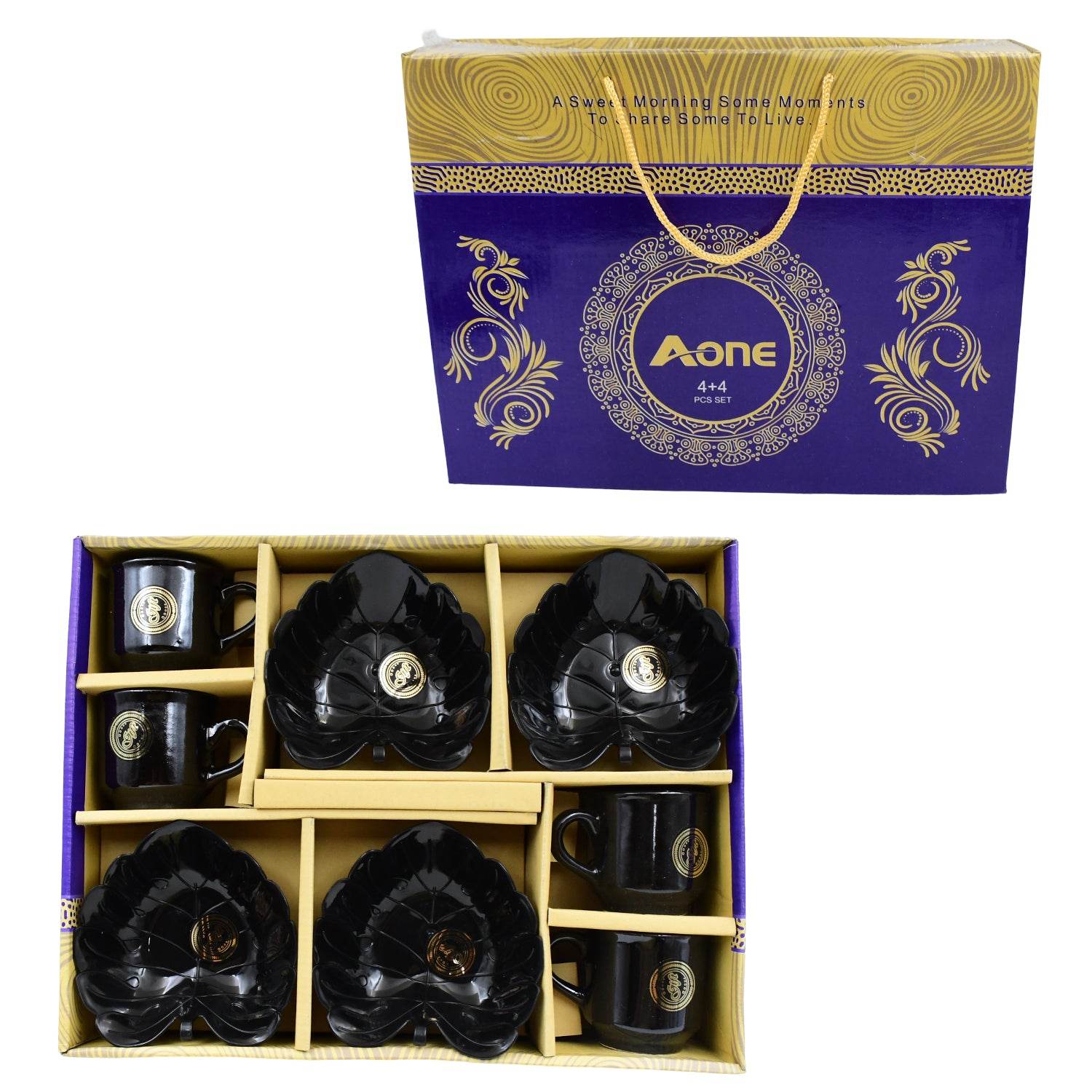 A One Ceramic Tea Cups Mug Set With Leaf Shape Serving Bowl (8 Pcs Set) - warehousetech13