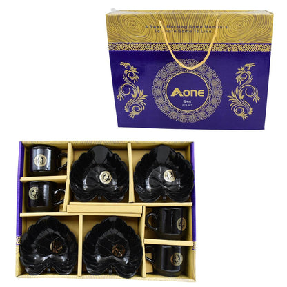 A One Ceramic Tea Cups Mug Set With Leaf Shape Serving Bowl (8 Pcs Set) - warehousetech13