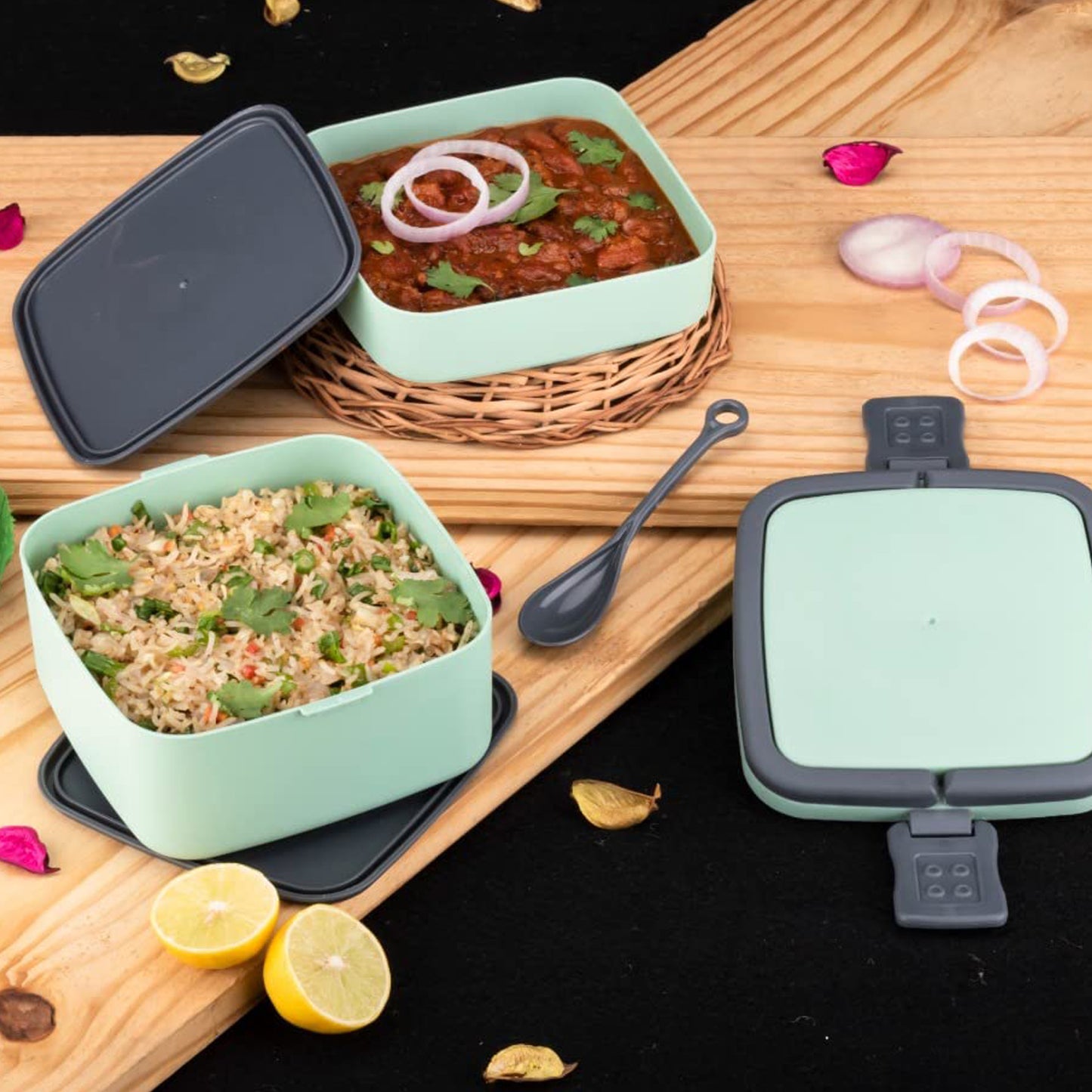 Green Double-Layer Stackable Lunch Box with Carry Handle & Included Spoon