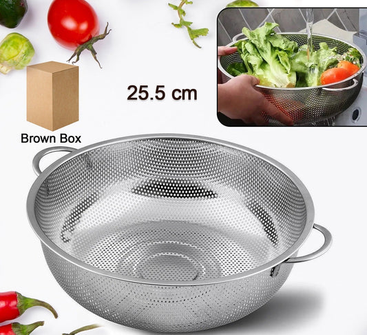 Stainless Steel Colander With Handle Large Metal Mesh Basket Strainer For Pasta Spaghetti Berry Veggies Fruits Kitchen Food Colander Dishwasher Safe (1 Pc 25.5 Cm) - warehousetech13