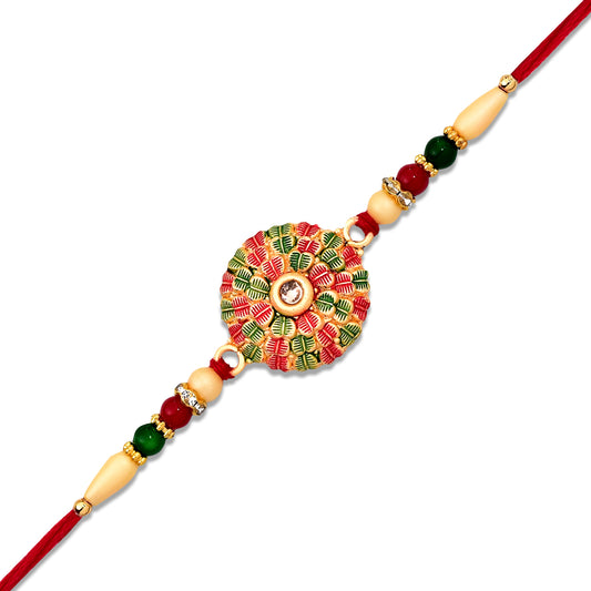 Traditional Kundan Rakhi With Golden Floral Base And Rudraksha Beads - warehousetech13