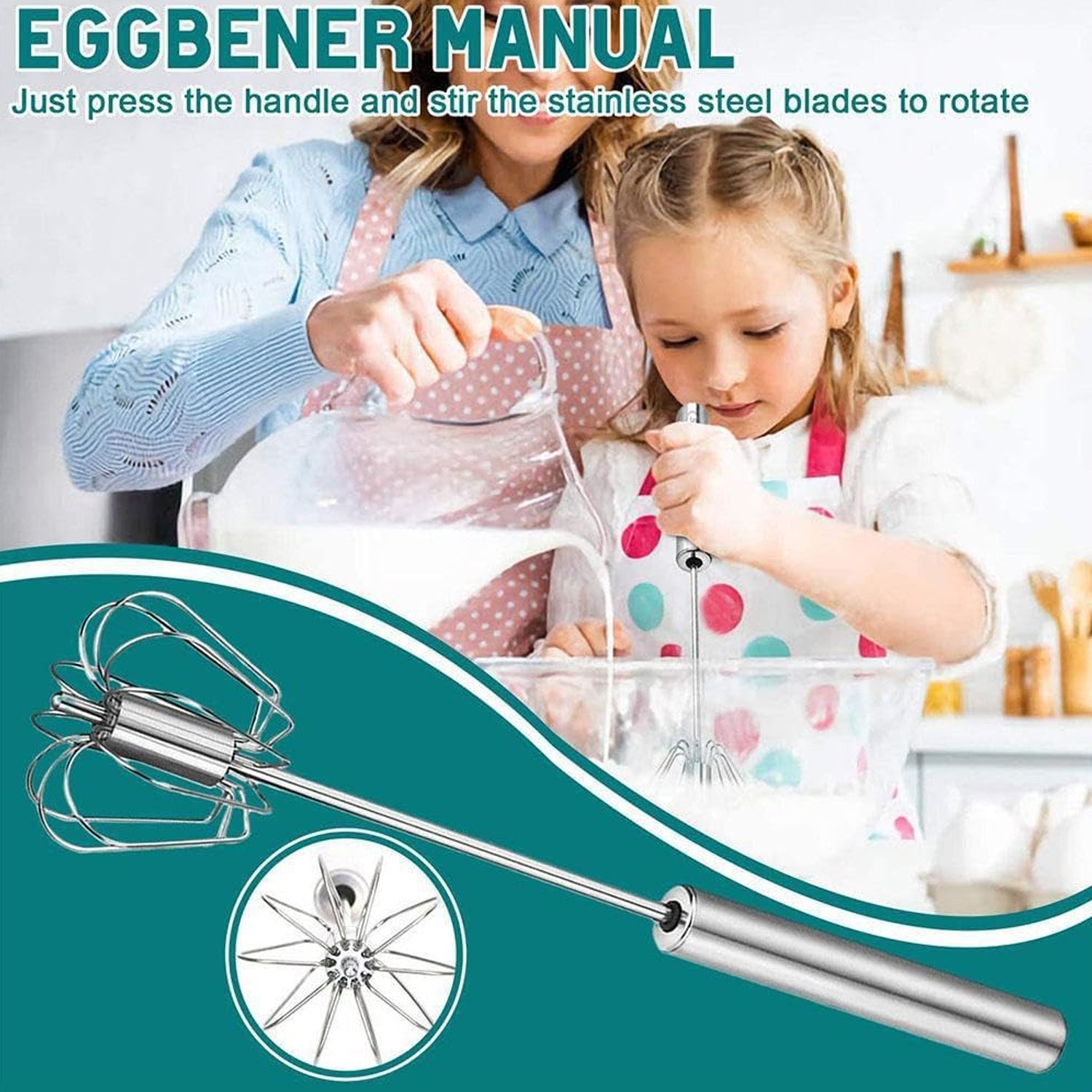 Big Stainless Steel Egg Whisk Hand Push Rotary Whisk Blender (1 Pc 35 Cm) - warehousetech13