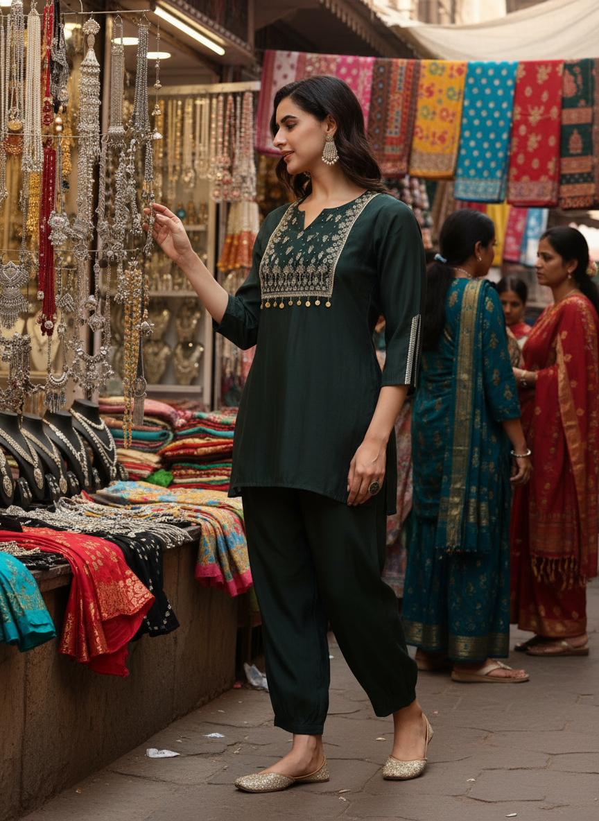 Dark Green Chanderi Silk Kurta Set with Zari Yoke & Coin Embroidery