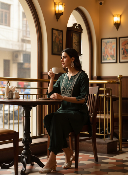 Dark Green Chanderi Silk Kurta Set with Zari Yoke & Coin Embroidery