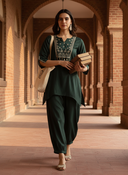 Dark Green Chanderi Silk Kurta Set with Zari Yoke & Coin Embroidery