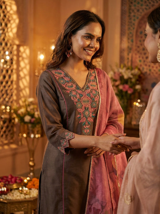 Kayra Brown Beaded Embroidered Chinnon Silk A-Line Suit Set with Cotton Lining