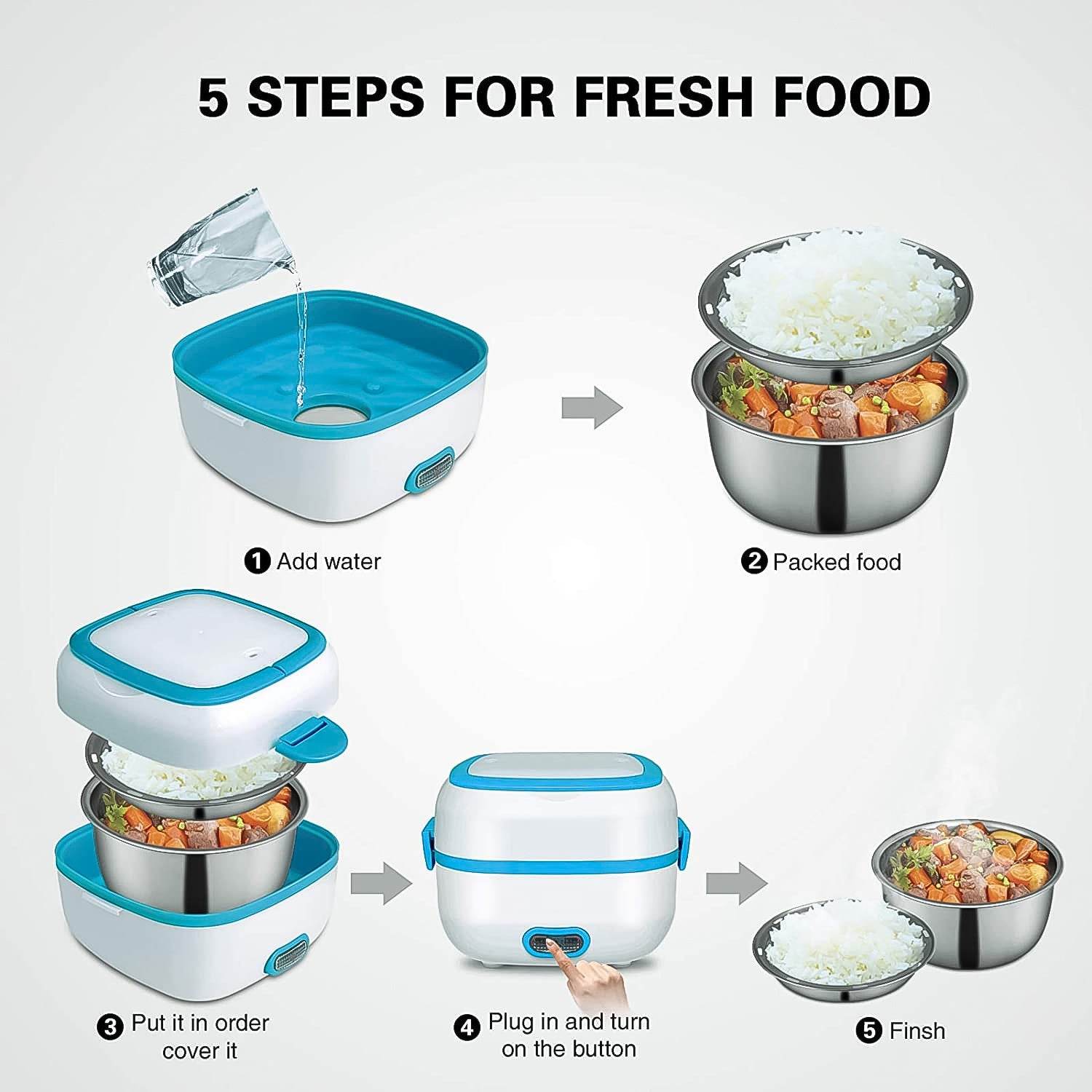 Electric Lunch Box 3 In 1 Food Heater Cooker Steamer With Stainless Steel Bowls (1 Set) - warehousetech13