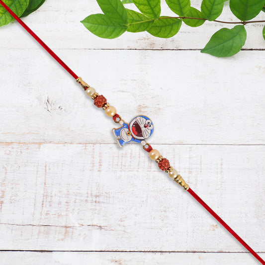 Cute Doraemon Kids Rakhi With Rudraksha Pearl Beads - warehousetech13