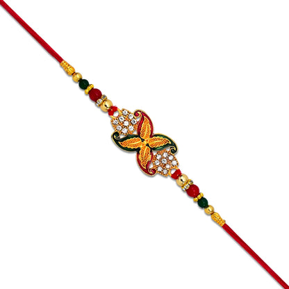 Elegant Red-green Bead Rakhi With Intricate Golden Flower Motif - warehousetech13