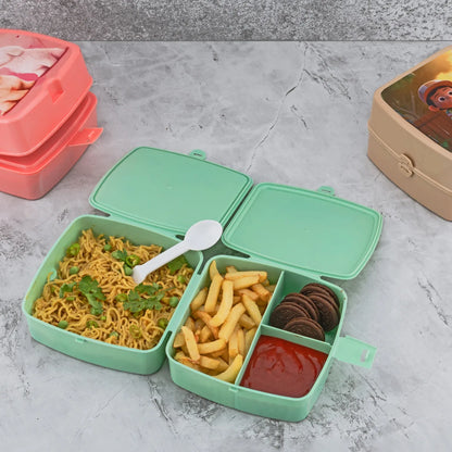 5787 Double-layer Square Lunch Box With Spoon 4 Compartment Tiffin Push Lock Plastic Tiffin Box For Travelling School Kids Office Exclusive Home - warehousetech13