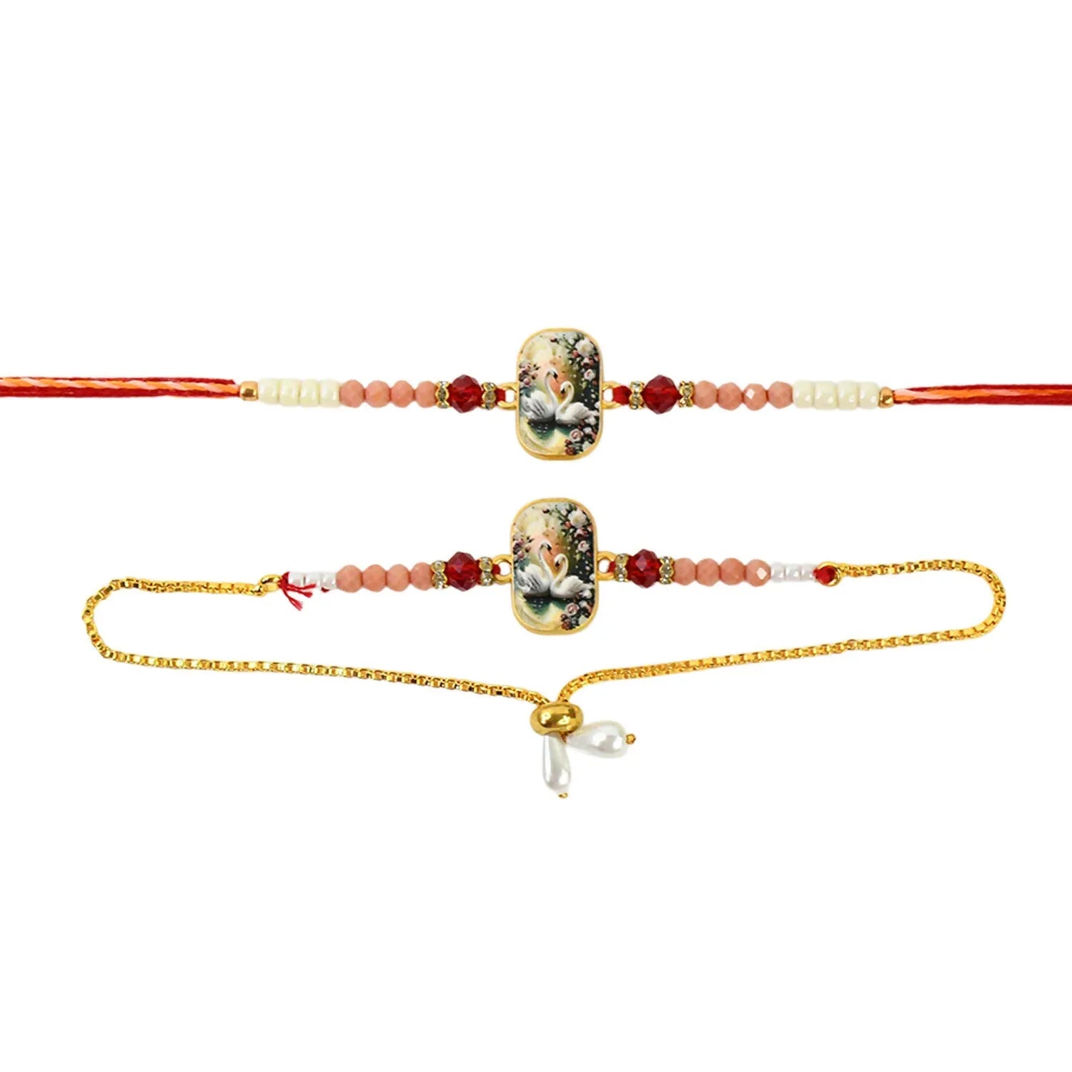 Elegant Swan Design Bhaiya Bhabhi Rakhi Set Premium Printed Tile Rakhi With Crystal Beads Adjustable Bracelet - warehousetech13