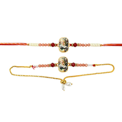 Elegant Swan Design Bhaiya Bhabhi Rakhi Set Premium Printed Tile Rakhi With Crystal Beads Adjustable Bracelet - warehousetech13
