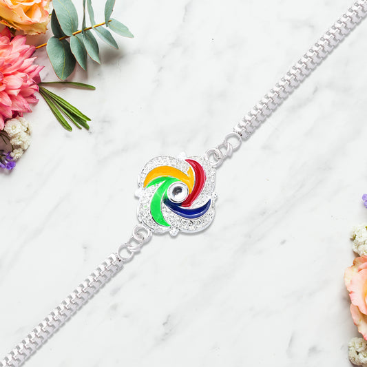 Stylish Silver Rakhi With Colorful Feather Detailing And Metal Chain - warehousetech13