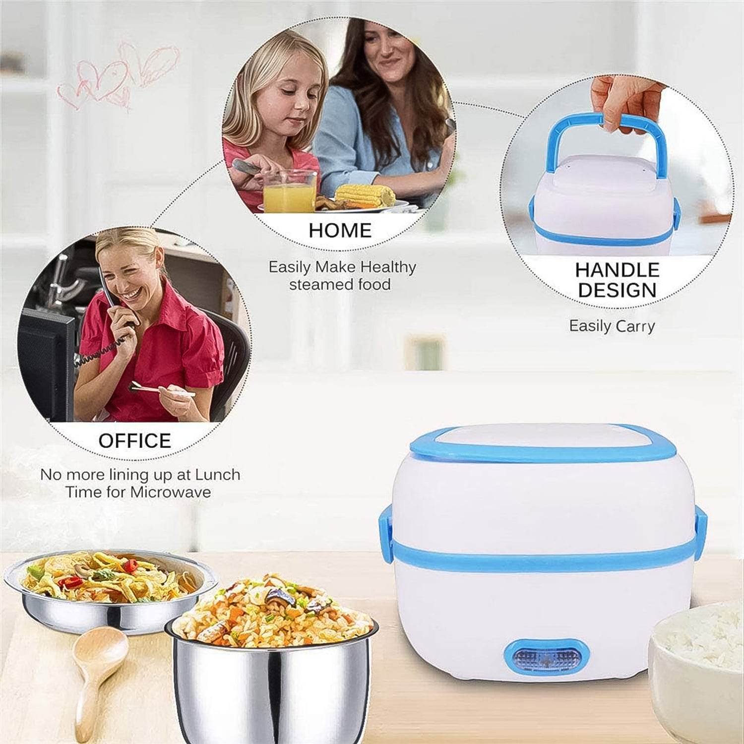 Electric Lunch Box 3 In 1 Food Heater Cooker Steamer With Stainless Steel Bowls (1 Set) - warehousetech13
