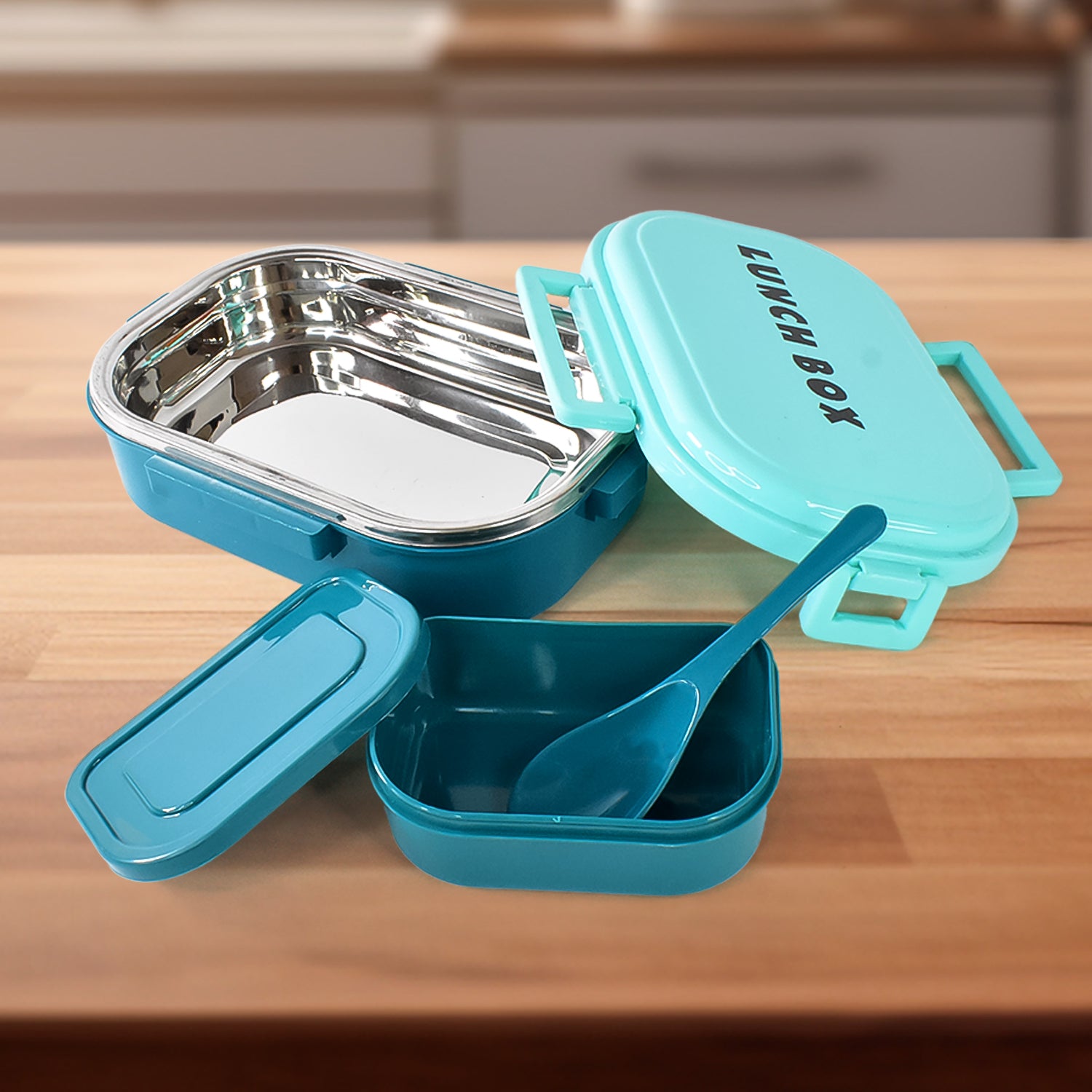 3 In 1 Spicy Bite Stainless Steel Lunch Box With Plastic Small Box Spoon (1 Set) - warehousetech13