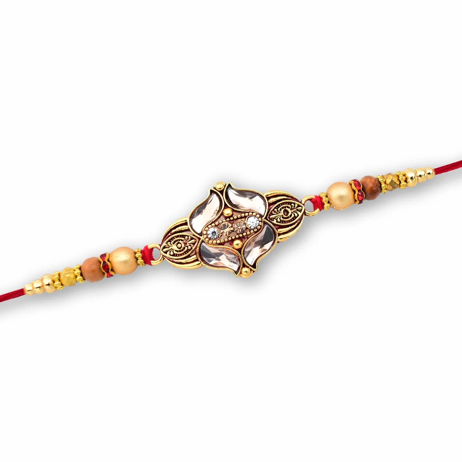 Elegant Floral Designer Rakhi With Gold-toned Beads Red Thread - warehousetech13