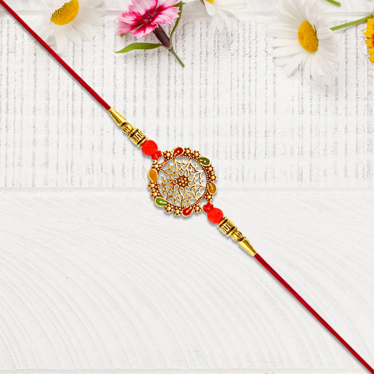 Intricately Designed Circular Rakhi With Multicolor Accents And Red Thread For Rakshabandhan - warehousetech13