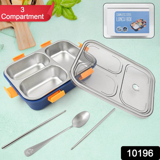Lunch Box With A Spoon And A Pair Of Chopsticks (1 Set) 3 Compartment Transparent Stainless Steel - warehousetech13