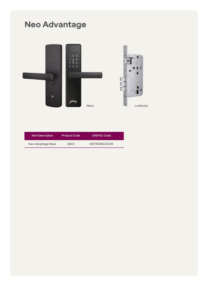 Neo Advantage Black Lock - High-Security Door Lock, Godrej Neo Advantage Digital Door Lock 9684 – 4 Access Modes, 3-Bolt Security, Black Finish, 3-Year Warranty Free Installation (3003)