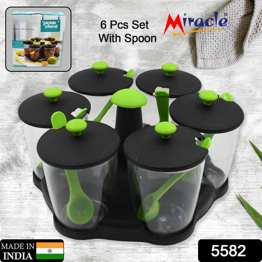 Multipurpose 6 Piece Miracle Revolving Plastic Spice Container Rack With 6 Spoon Condiment Set Masala Rack Set - warehousetech13