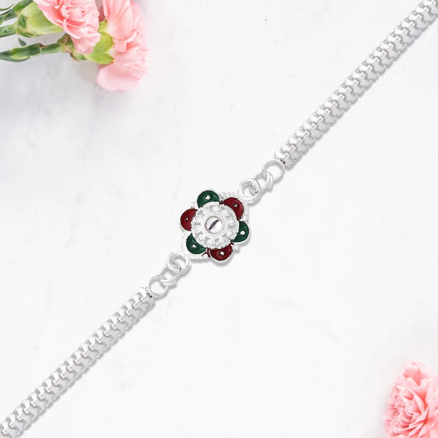 Designer Flower Rakhi With Mirror Stone Center And Dual-link Metal Chain - warehousetech13