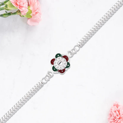 Designer Flower Rakhi With Mirror Stone Center And Dual-link Metal Chain - warehousetech13