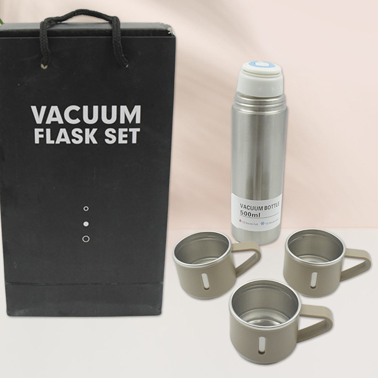 2834 Stainless Steel Vacuum Flask Set With 3 Steel Cups Combo For Coffee Hot Drink And Cold Water Flask Ideal Gifting Travel Friendly Latest Flask Bottle. (500ml) - warehousetech13