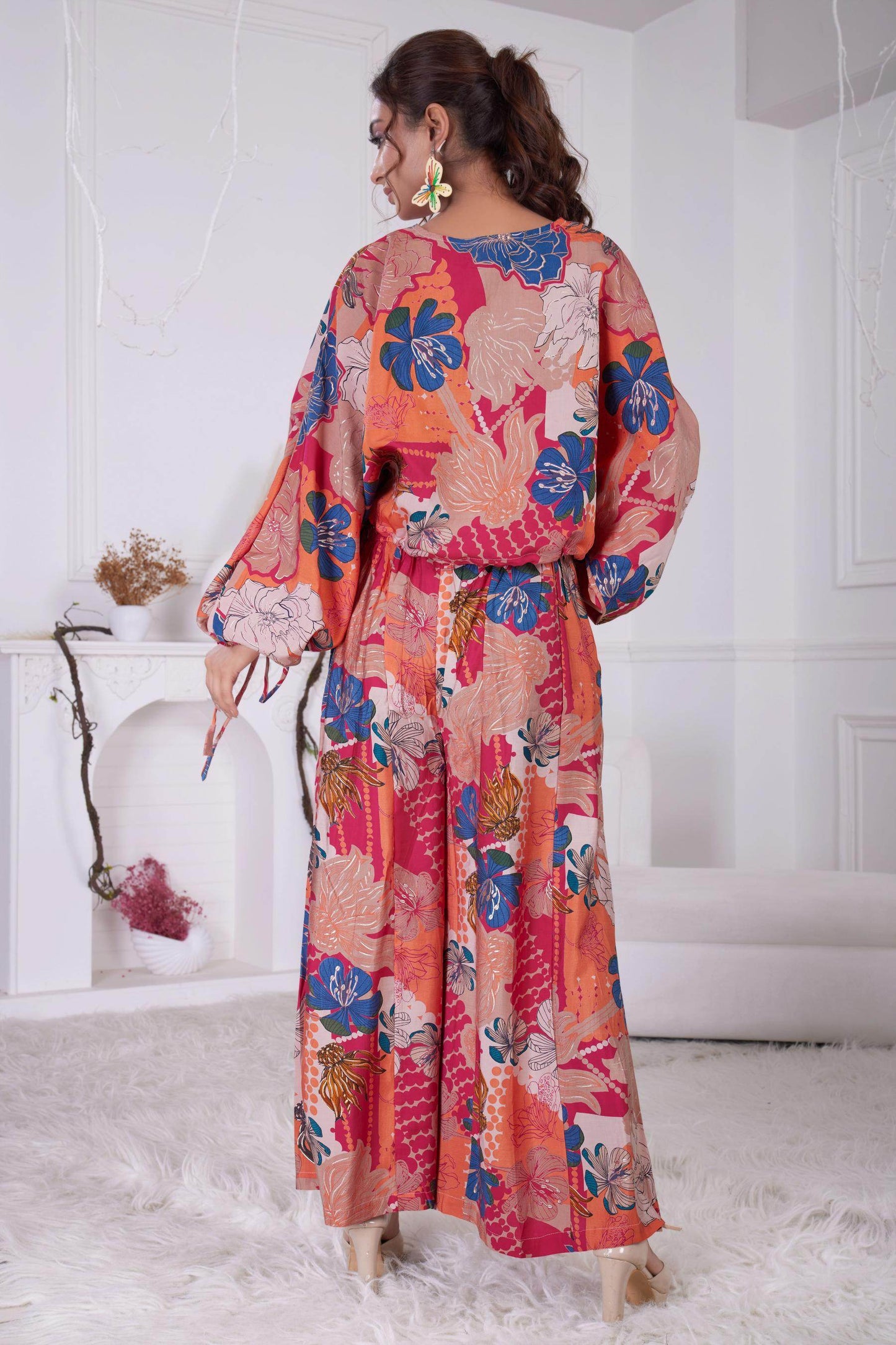 Anushree Pink & Blue Chanderi Co-Ord Set - Elegant Floral Modal Fabric Outfit