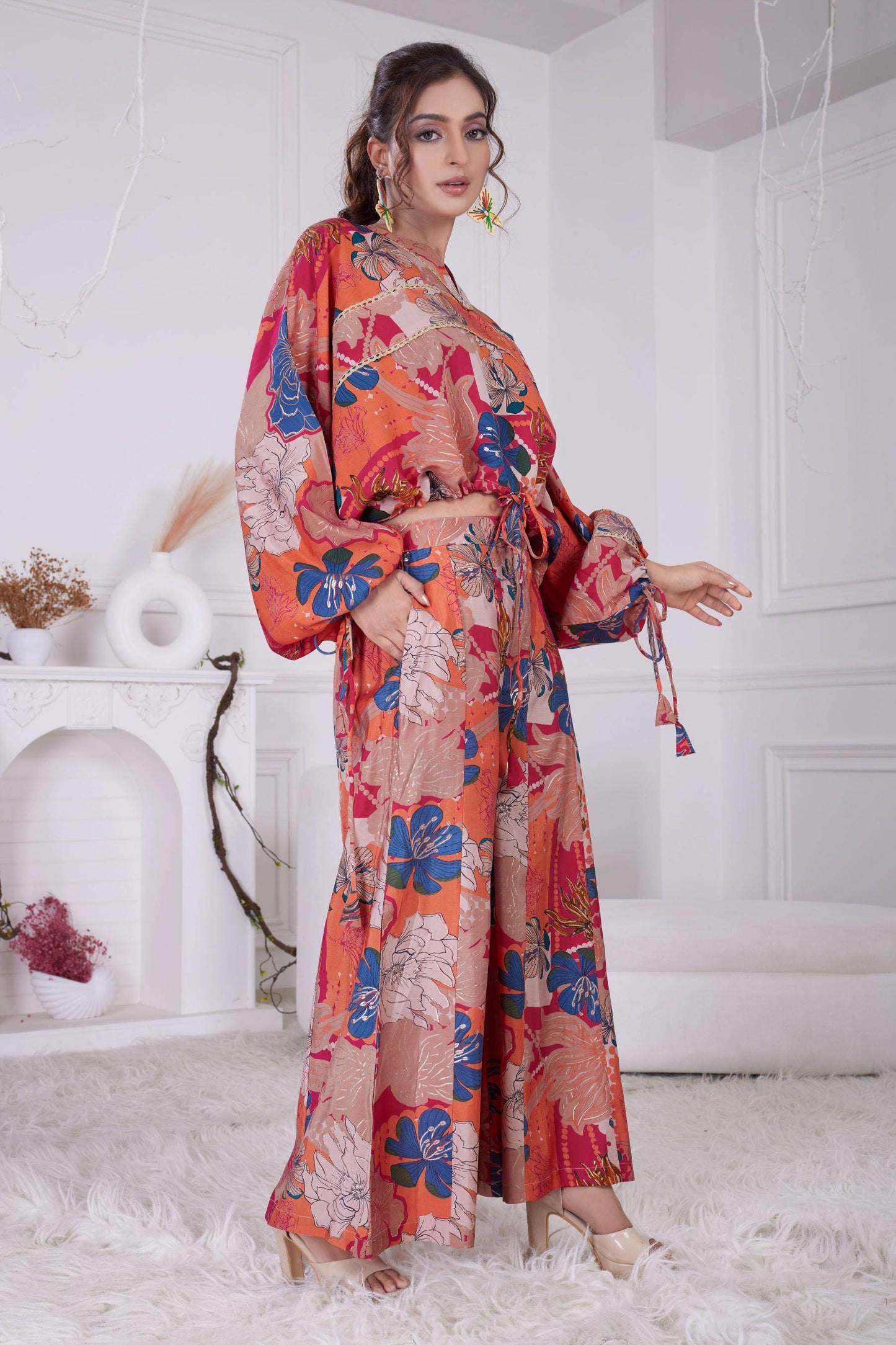 Anushree Pink & Blue Chanderi Co-Ord Set - Elegant Floral Modal Fabric Outfit