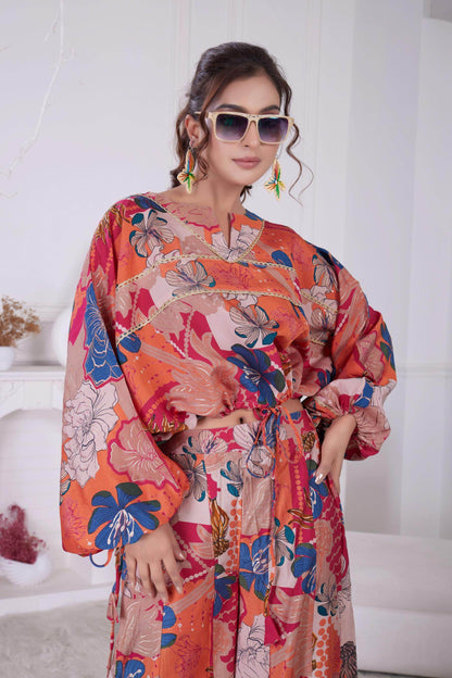 Anushree Pink & Blue Chanderi Co-Ord Set - Elegant Floral Modal Fabric Outfit