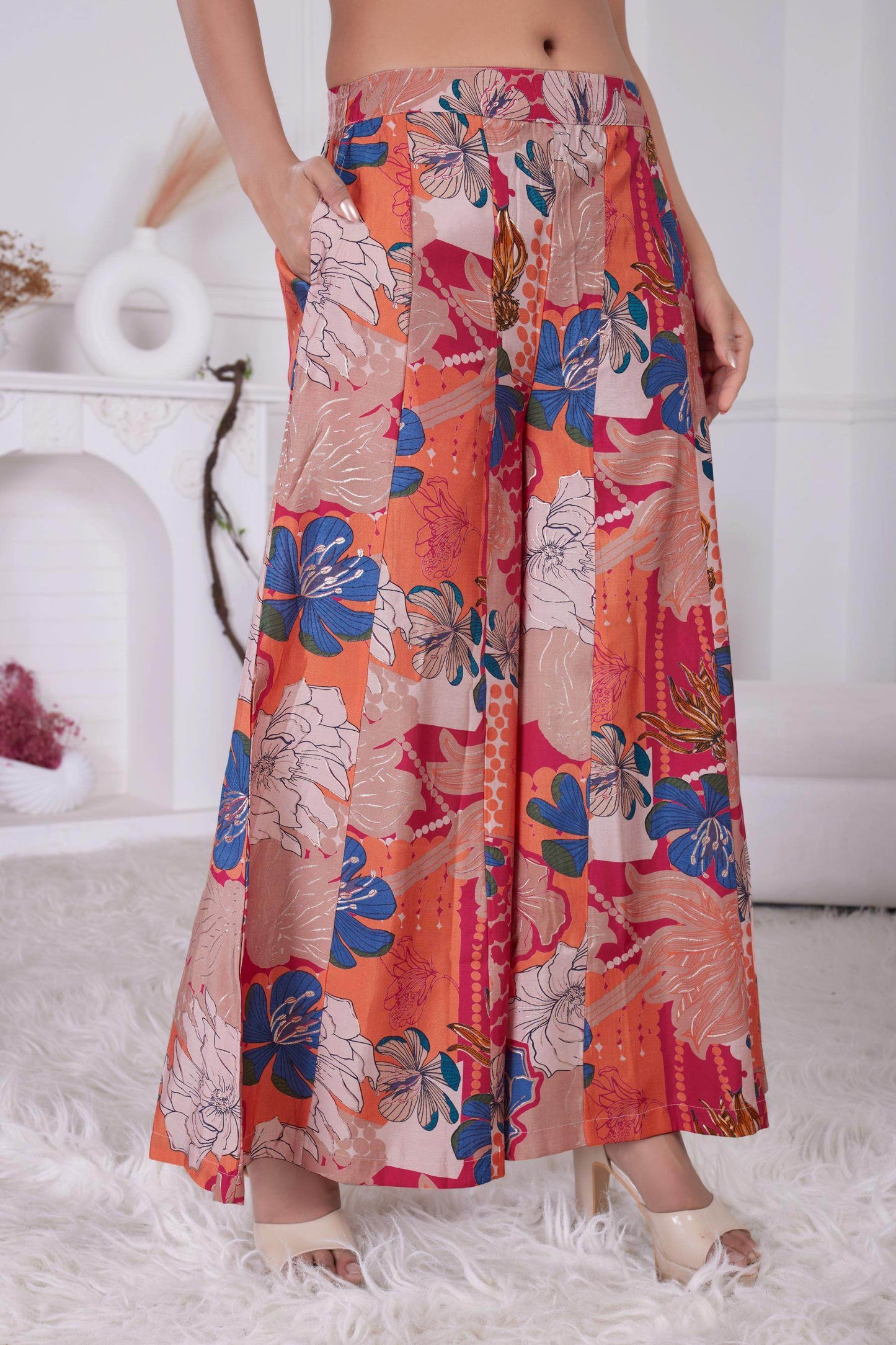 Anushree Pink & Blue Chanderi Co-Ord Set - Elegant Floral Modal Fabric Outfit