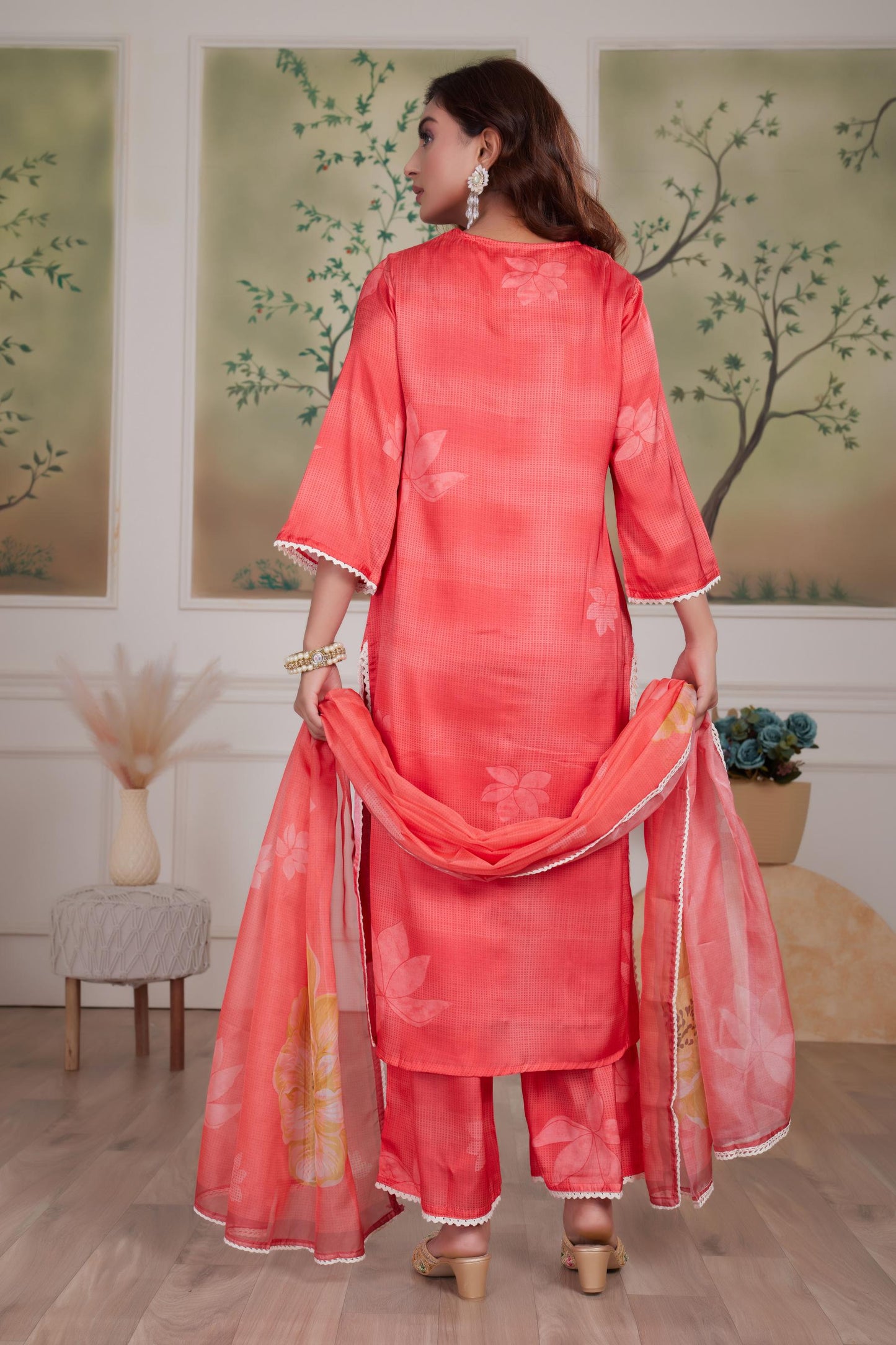 Farida Grey & Red Silk Kurta Set with Dupatta – Elegant Women's Ethnic Ensemble for Festive & Party Wear