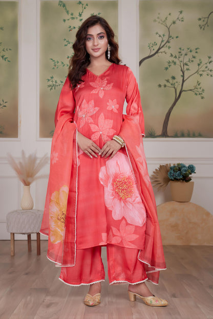 Farida Grey & Red Silk Kurta Set with Dupatta – Elegant Women's Ethnic Ensemble for Festive & Party Wear