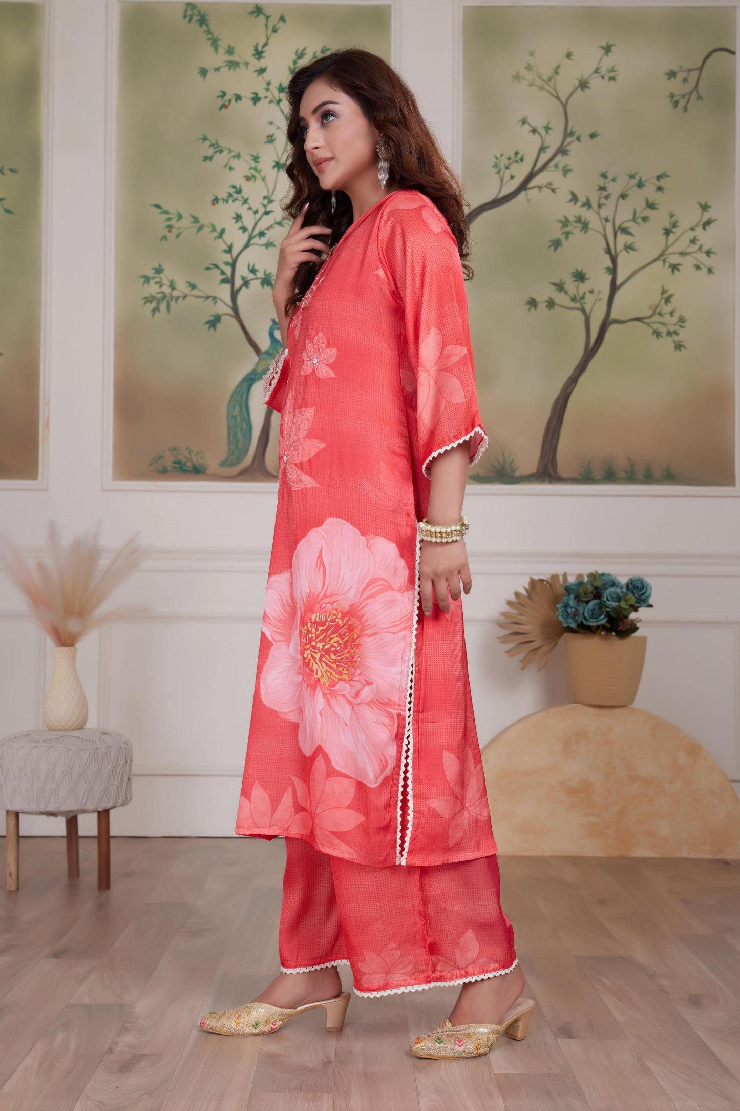 Farida Grey & Red Silk Kurta Set with Dupatta – Elegant Women's Ethnic Ensemble for Festive & Party Wear