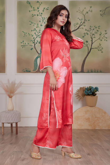 Farida Grey & Red Silk Kurta Set with Dupatta – Elegant Women's Ethnic Ensemble for Festive & Party Wear