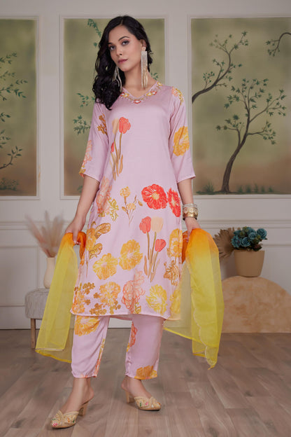 Malaika Silk Pink & White Kurta Set with Dupatta – Elegant Women’s Ethnic Wear